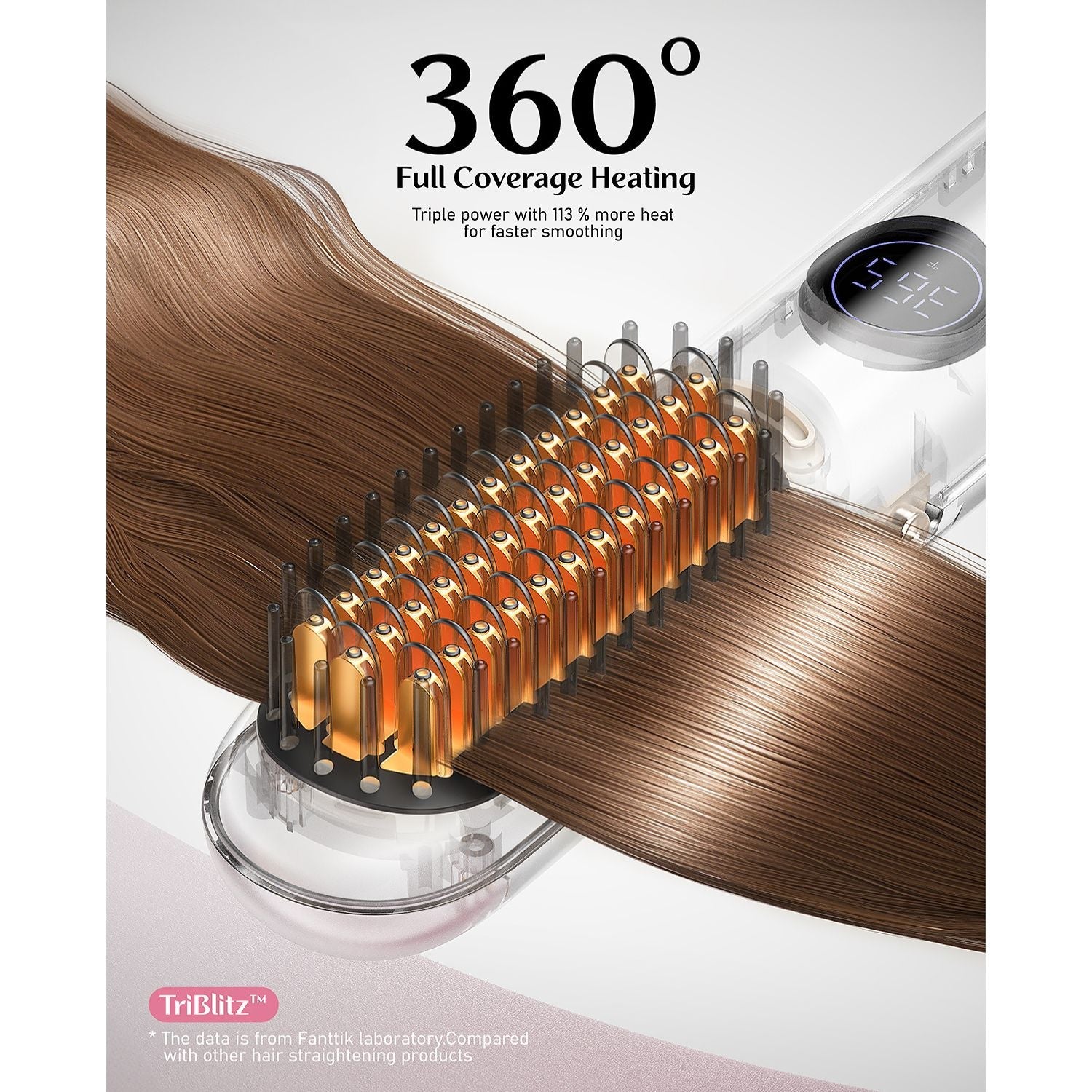 hair straightener brush with 360° full coverage heating, triple power, and digital display.