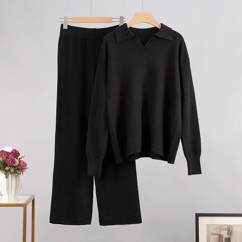 Elegant Knitted Polo Collar Loungewear Set - Aries x Rose