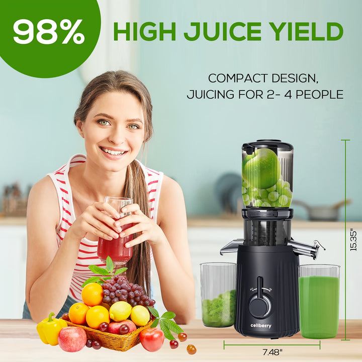 Celiberry Cold Press Juicer - Slow Masticating 55 RPM with 4.1" Large Feed Chute for Whole Fruits & Vegetables, Self-Feeding Quiet Motor, Automatic Pulp Separation, Easy Clean Compact Design for Home Use