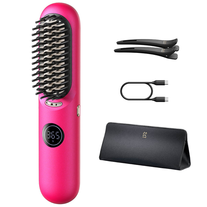 hair straightener brush with digital display, USB-C cable, clips, and carrying pouch.