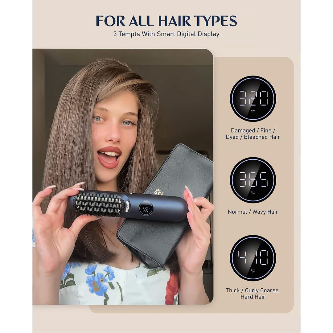 Hair Straightener Brush, Cordless Straightening Brush with 113% Larger Heating Area & LED Temperature Display, Ceramic Coating & Ionic Technology, Safe Mode for Frizz-Free Shine