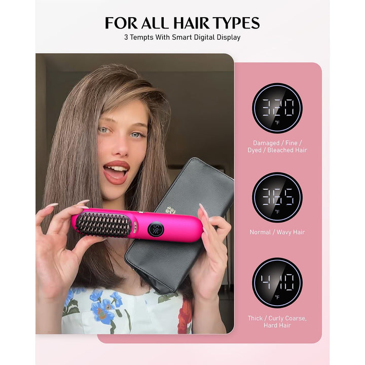 hair straightener brush in pink, showing 3 heat settings for different hair types.