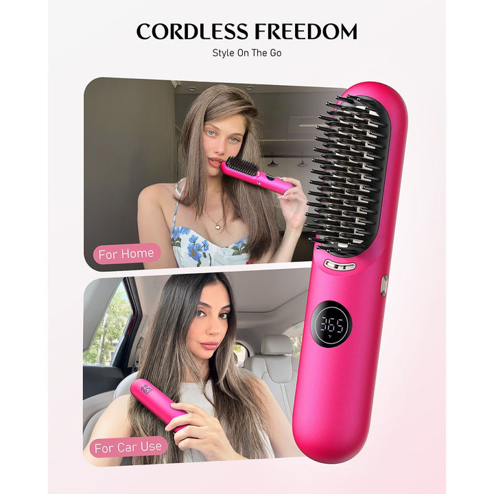 Pink FanttikSolo I10 hair straightener brush for home & car use, 365°F digital display.
