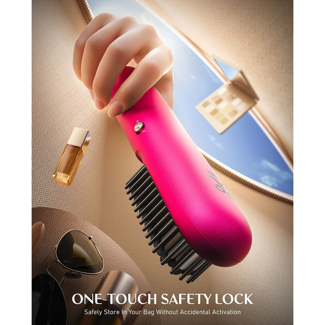 hair straightener brush in pink, with one-touch safety lock feature and travel accessories.