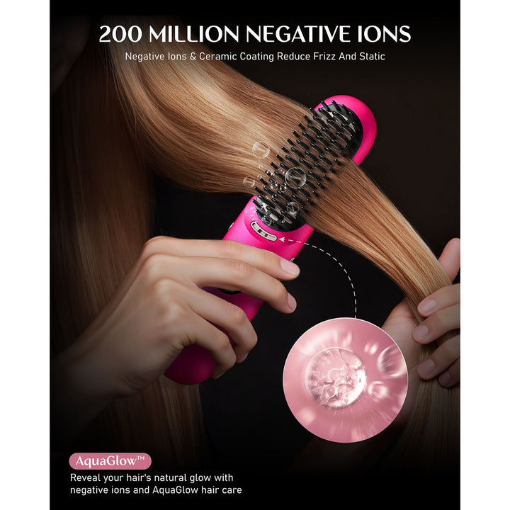 hair straightener brush smoothing blonde hair with 200 million negative ions and AquaGlow technology.
