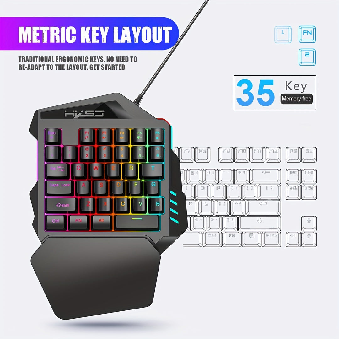 HXSJ, a wired USB gaming keyboard with 35 keys, dual color injection molded keycaps, film, one handed keyboard, color backlight, left handed keyboard suitable for gaming and esports peripherals