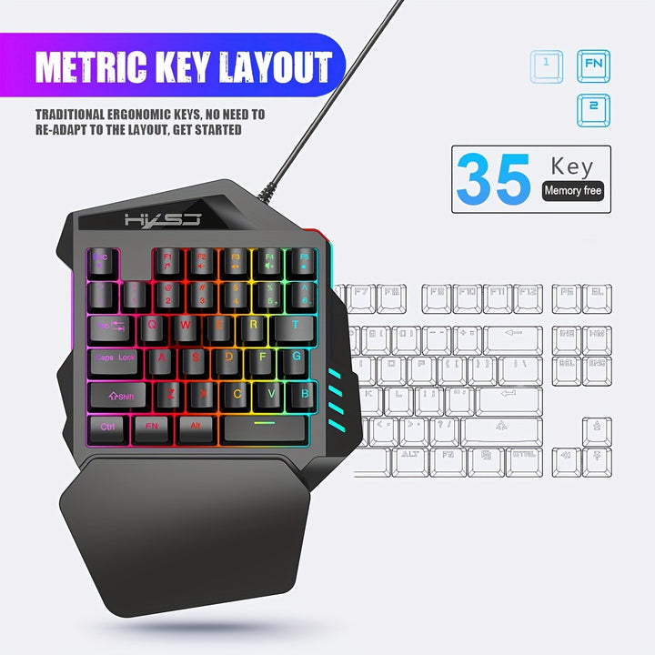 HXSJ, a wired USB gaming keyboard with 35 keys, dual color injection molded keycaps, film, one handed keyboard, color backlight, left handed keyboard suitable for gaming and esports peripherals