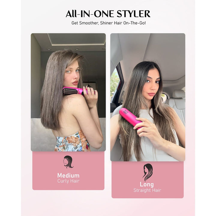 hair straightener brush shown on medium curly and long straight hair for all-in-one styling on the go.