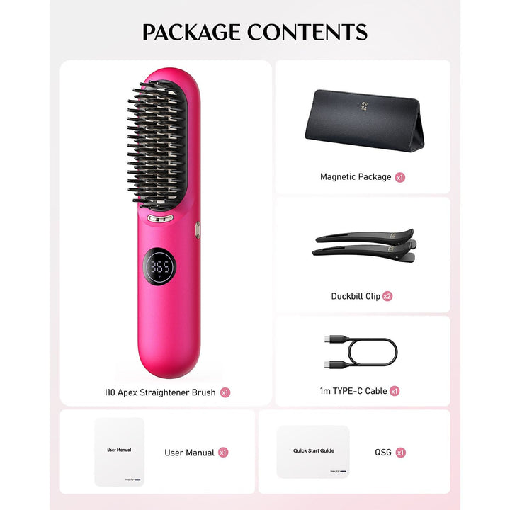 Apex hair straightener brush with magnetic pouch, clips, Type-C cable, manual.