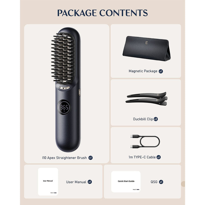 Hair Straightener Brush package contents: brush, magnetic pouch, clips, Type-C cable, user manual.