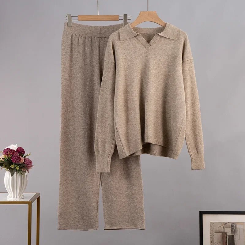 Elegant Knitted Polo Collar Loungewear Set - Aries x Rose