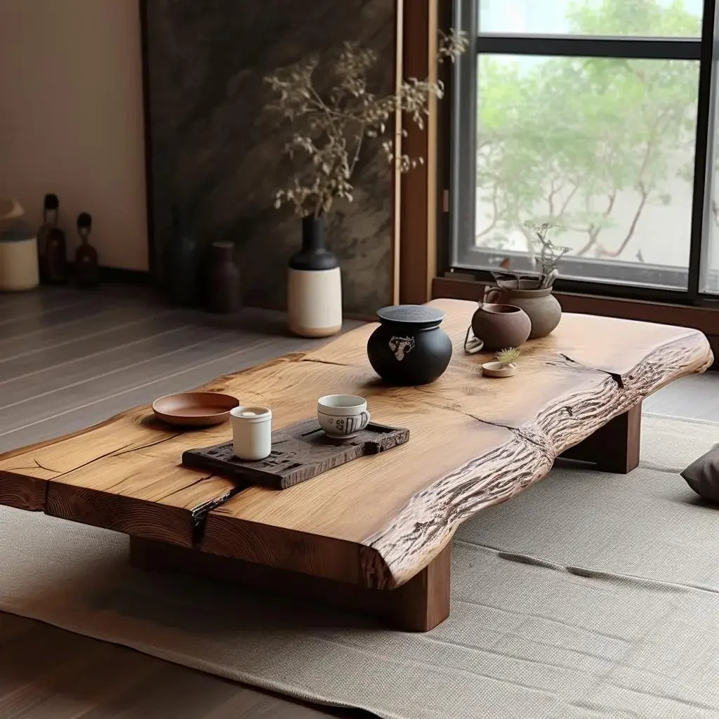 Log coffee table, Japanese-style low table, solid wood old sofa, coffee table, living room, small household apartment