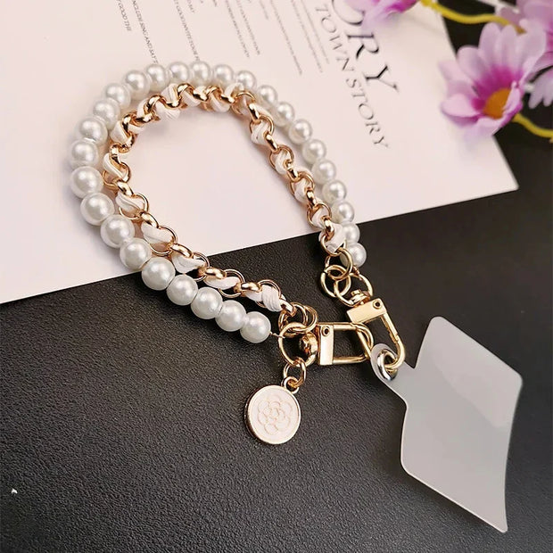 Leather Pearl Camellia Phone Charm Bracelet