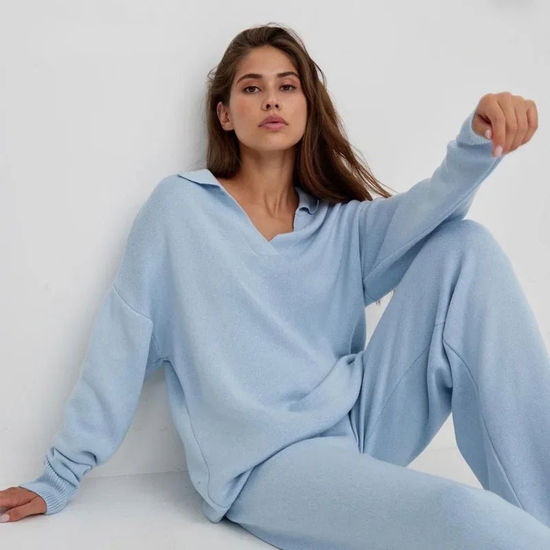 Elegant Knitted Polo Collar Loungewear Set - Aries x Rose