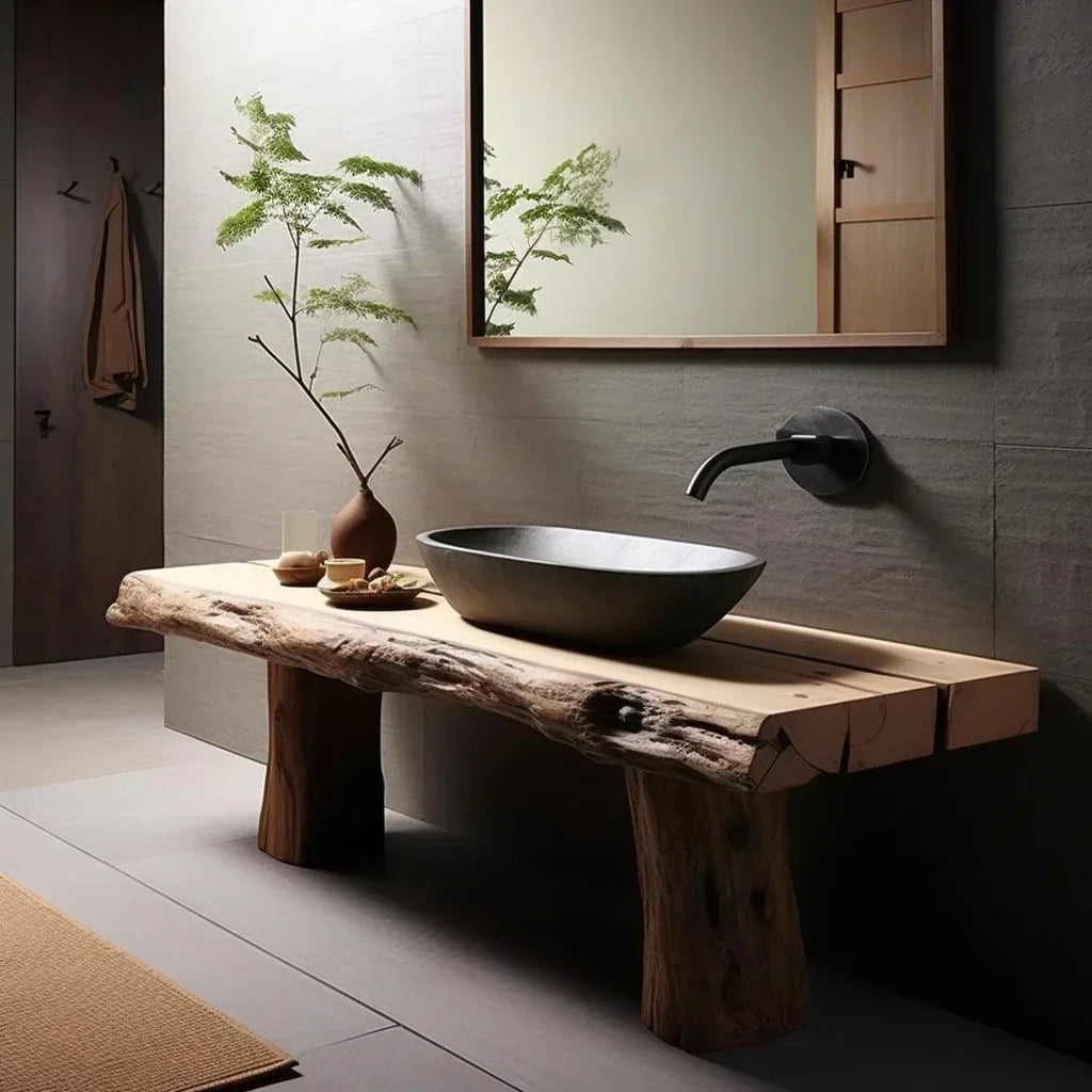 x11Wabi Sansan Solid Wood Bathroom Cabinet Log Wind Wash Table Toilet