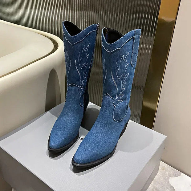 Rivelle Blue Embroidered Cowboy Boots for Women – Mid-Calf Western Motorcycle Boots