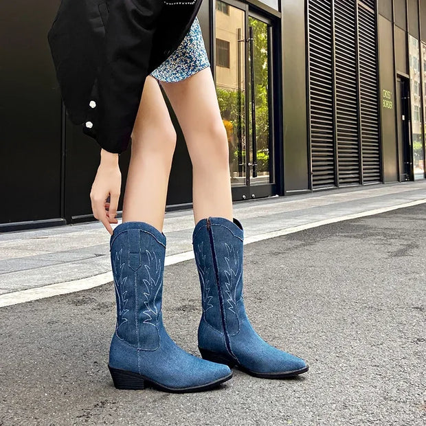 Rivelle Blue Embroidered Cowboy Boots for Women – Mid-Calf Western Motorcycle Boots