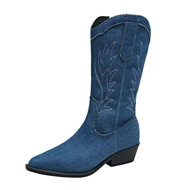 Rivelle Blue Embroidered Cowboy Boots for Women – Mid-Calf Western Motorcycle Boots