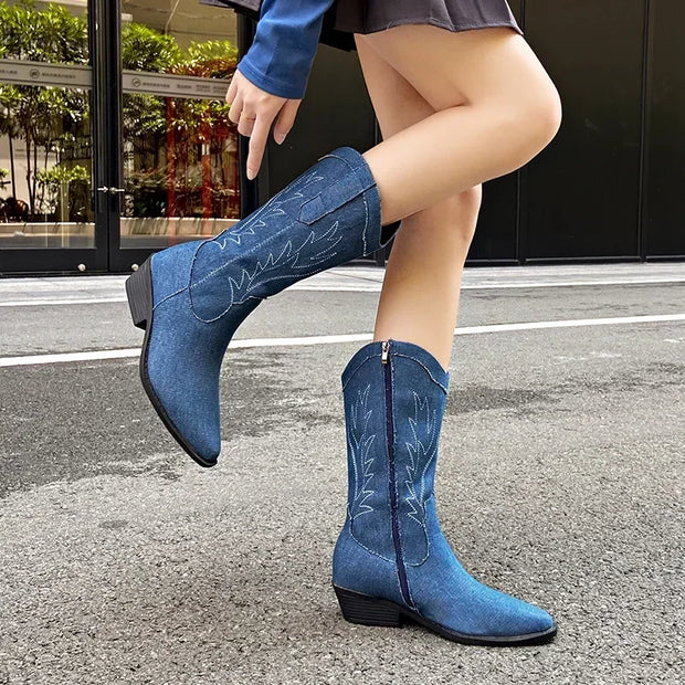Rivelle Blue Embroidered Cowboy Boots for Women – Mid-Calf Western Motorcycle Boots