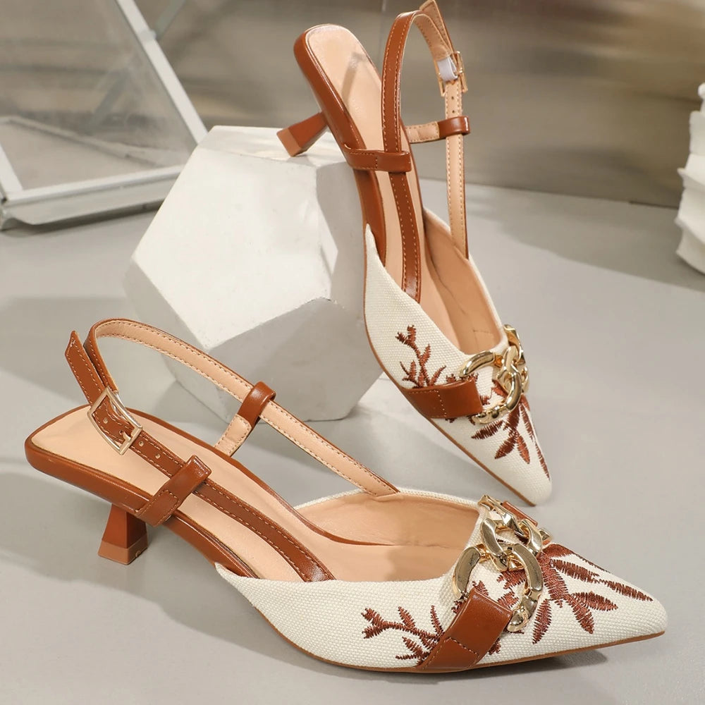 Marvella Embroidered Slingbacks – Pointed Toe Kitten Heels