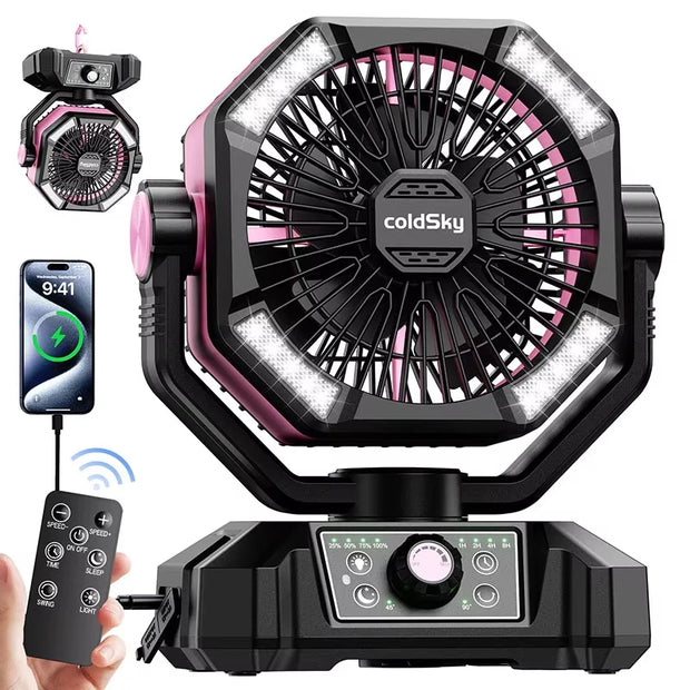 20000mAh Camping Fan with Dual Motor with 4 LED Lantern 8 Speeds Desk Fan with Remote Portable Outdoor Fan with Hook for Tent