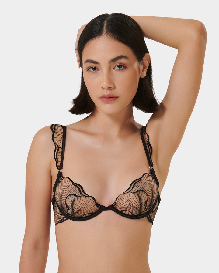 Celeste Embroidered Bra in sheer black mesh with floral detail
