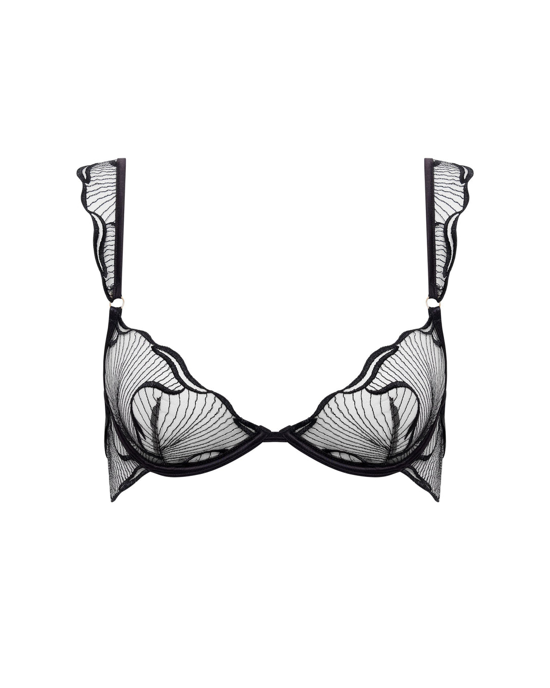 Black sheer lace bra laid flat showing embroidery and fit

