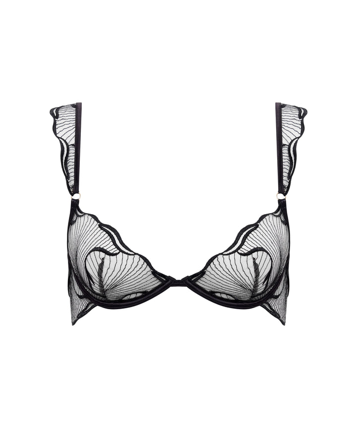 Black sheer lace bra laid flat showing embroidery and fit

