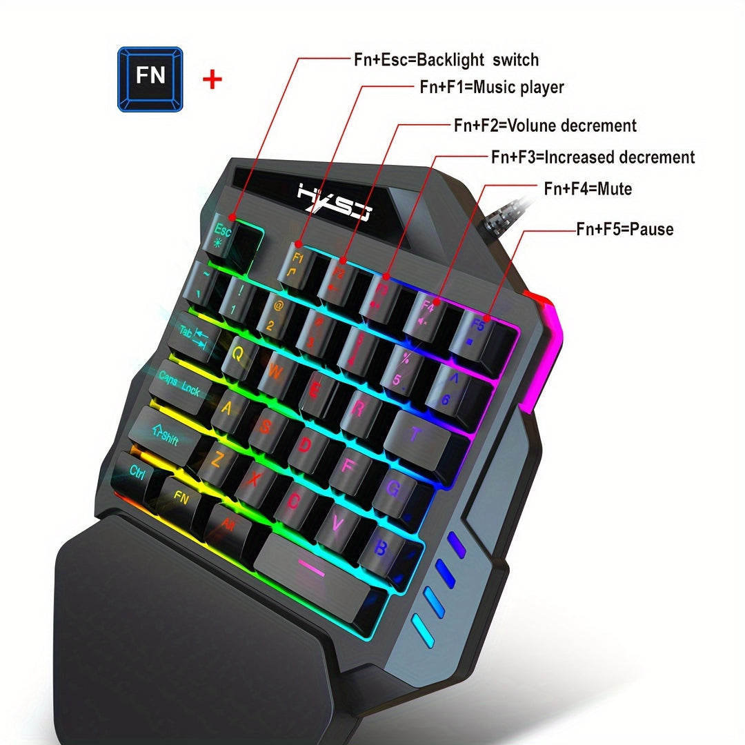 HXSJ, a wired USB gaming keyboard with 35 keys, dual color injection molded keycaps, film, one handed keyboard, color backlight, left handed keyboard suitable for gaming and esports peripherals