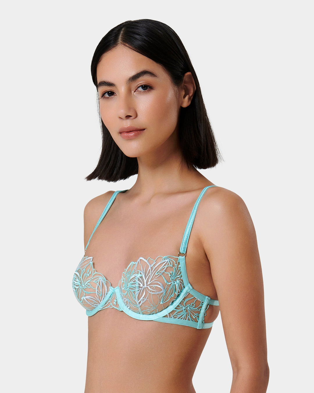 Model wearing Lilly Island Paradise bra in sheer mesh
