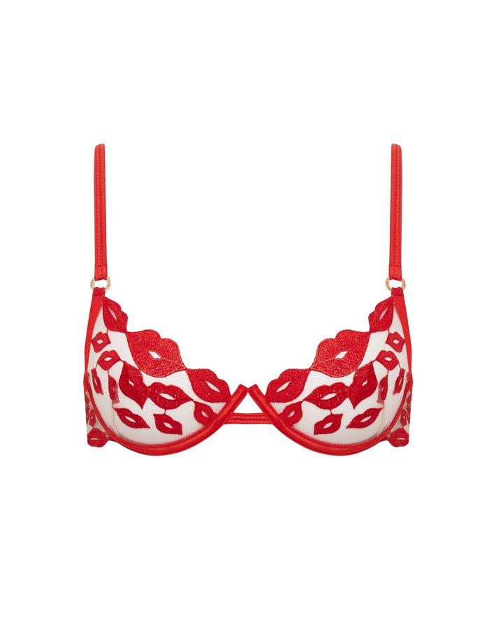 Marian lace bra in crimson red laid flat showing scalloped trim

