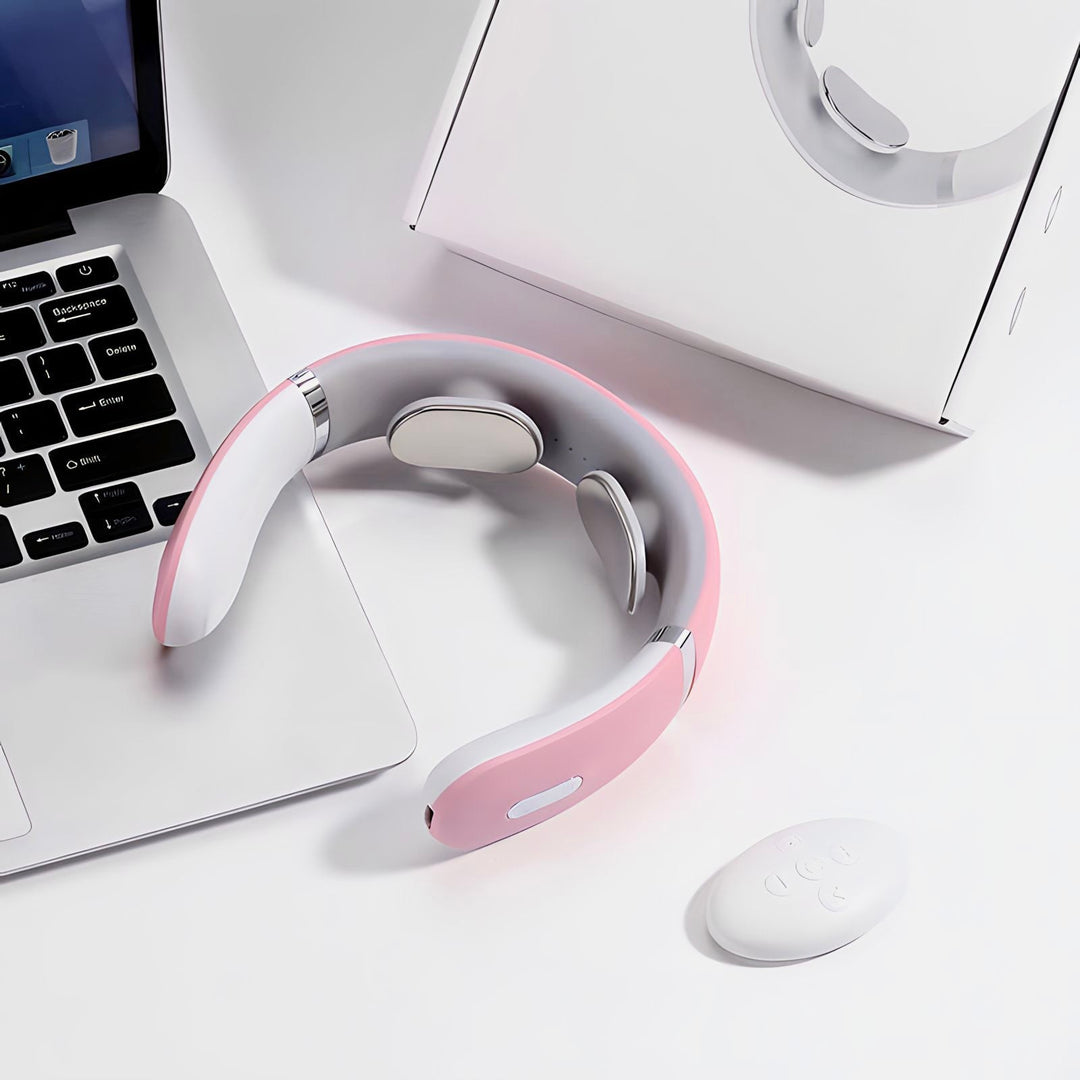 Model using Rose Portable Neck Massager during travel or work
