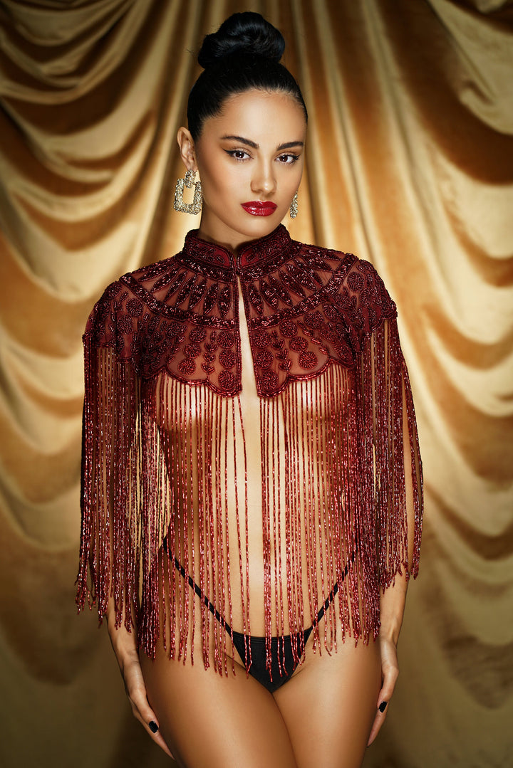 Ruby Jeweled Shawl with red gems and gold beaded details
