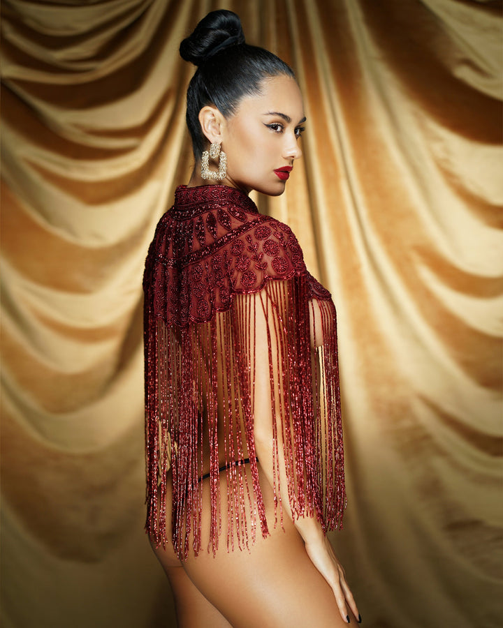 Side view of lightweight jeweled wrap for events and occasions
